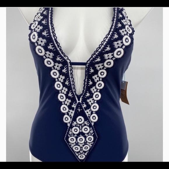 Kona Crochet Plunge Deep One Piece Navy Swimsuit - Picture 3 of 11